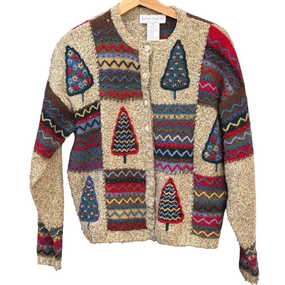 Vintage Robert Scott Ltd Cardigan Christmas Tree Cottagecore Grandma Core Retro